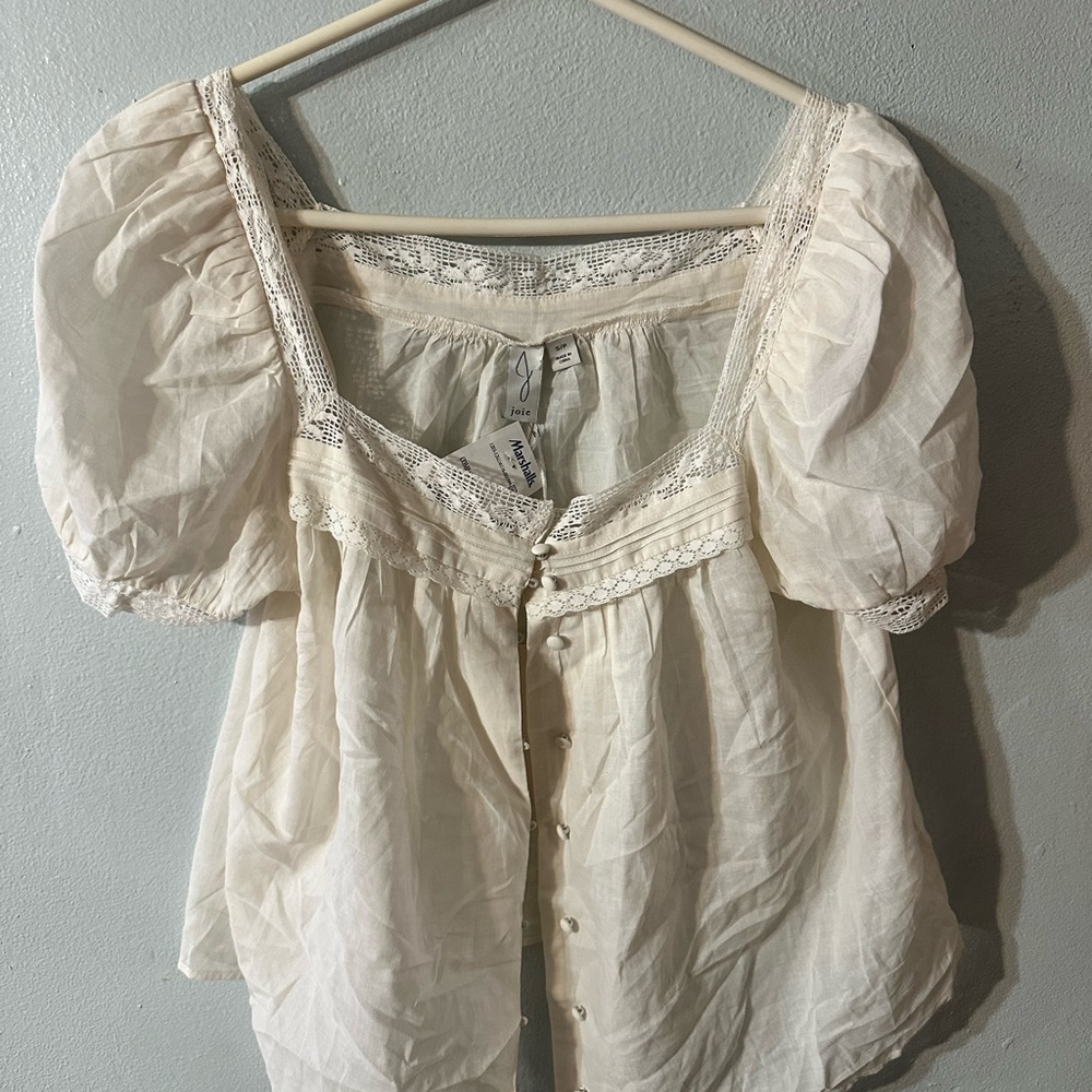 Joie Cream Puff Sleeve Blouse with Lace Detail